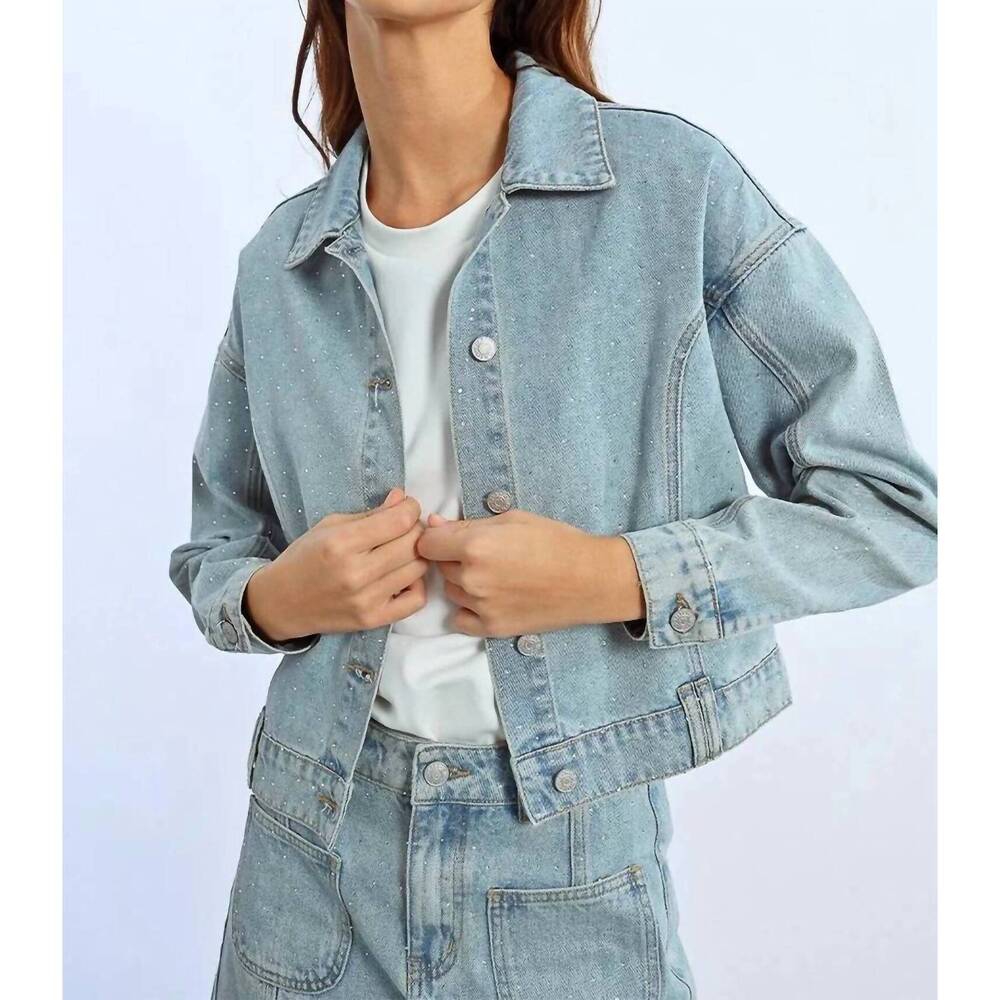 NEW LILI SIDONIO rhinestone straight cut jean jacket in blue